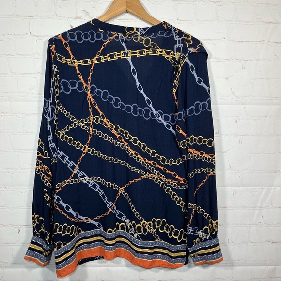 Democracy Split Neck Button Up Blouse Chains Double Sided Womens Medium Blue - Picture 12 of 12